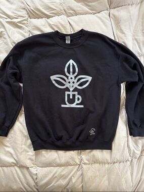 Gildan Black Crewneck Sweatshirt with White Botanical Coffee Mug Graphic